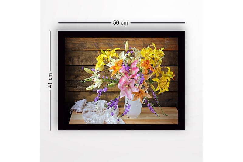 Indrammet trælærredstryk - 41x56 cm - Farverig buket blomster i en hvid vase - Gul / Lyserød / Lilla - Boligtilbehør - Billeder & kunst