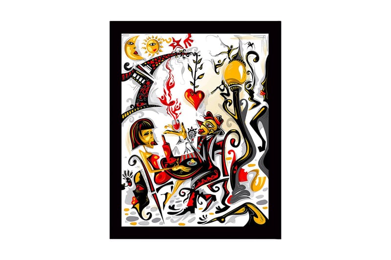 Indrammet trælærredstryk - 41x56 cm - Farverig scene med to figurer, der interagerer i en romantisk atmosfære, Rød / Sort / Gul