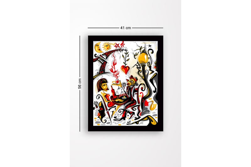 Indrammet trælærredstryk - 41x56 cm - Farverig scene med to figurer, der interagerer i en romantisk atmosfære - Rød / Sort / Gul - Boligtilbehør - Billeder & kunst
