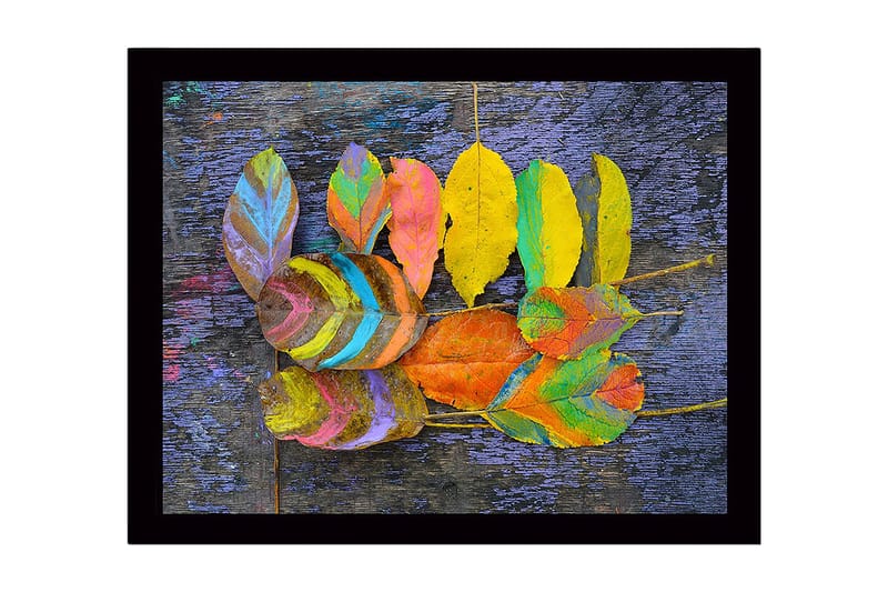 Indrammet trælærredstryk - 41x56 cm - Farverige blade arrangeret på en mørk baggrund, Gul / Lilla / Grøn
