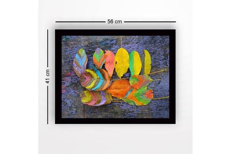 Indrammet trælærredstryk - 41x56 cm - Farverige blade arrangeret på en mørk baggrund - Gul / Lilla / Grøn - Boligtilbehør - Billeder & kunst
