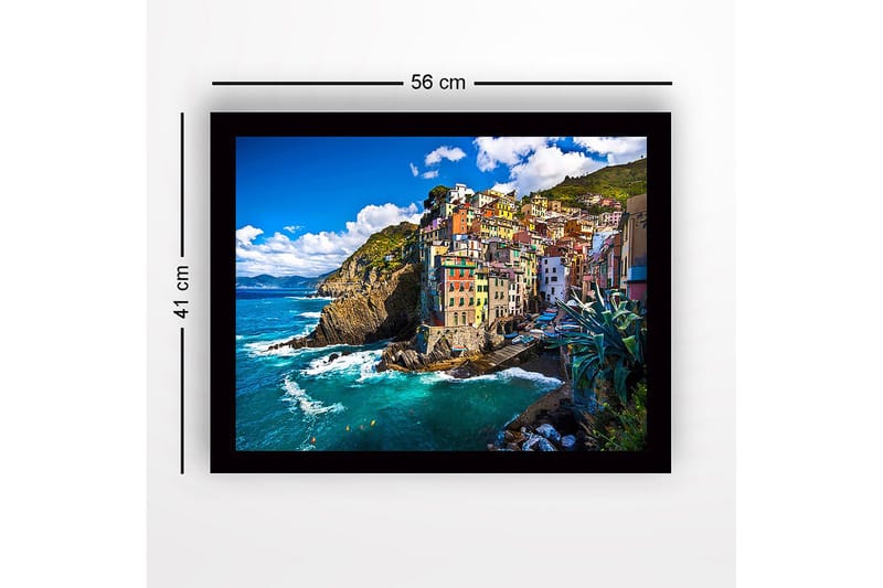 Indrammet trælærredstryk - 41x56 cm - Farverige huse på en klippefyldt kystlinje - Blå / Grøn / Gul - Boligtilbehør - Billeder & kunst