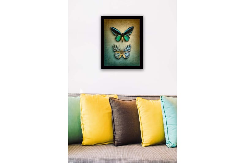 Indrammet trælærredstryk - 41x56 cm - Farverige sommerfugle på en tekstureret baggrund - Grøn / Blå / Beige - Boligtilbehør - Billeder & kunst