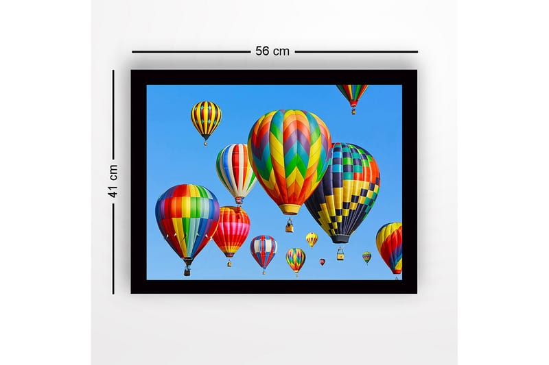 Indrammet trælærredstryk - 41x56 cm - Farverige varmluftsballoner svæver over en klar blå himmel - Rød / Grøn / Gul - Boligtilbehør - Billeder & kunst
