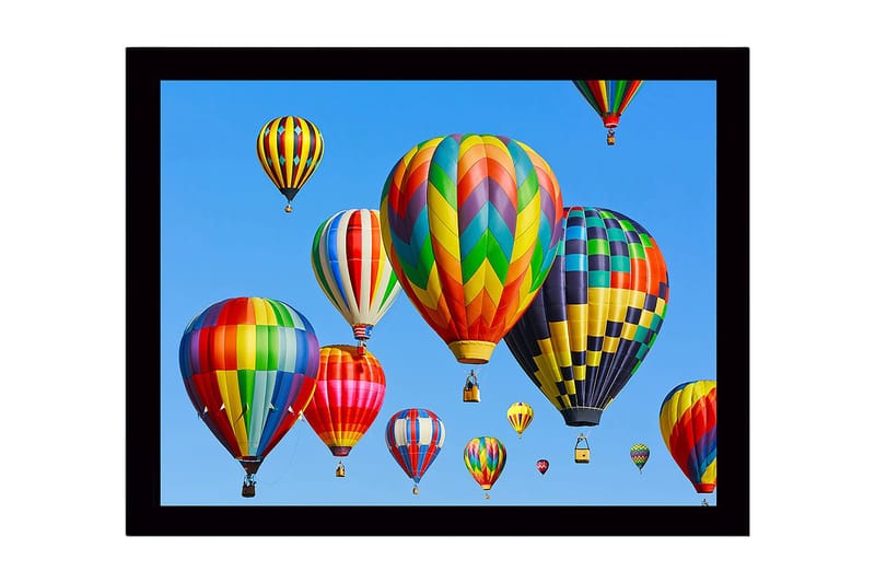 Indrammet trælærredstryk - 41x56 cm - Farverige varmluftsballoner svæver over en klar blå himmel, Rød / Grøn / Gul