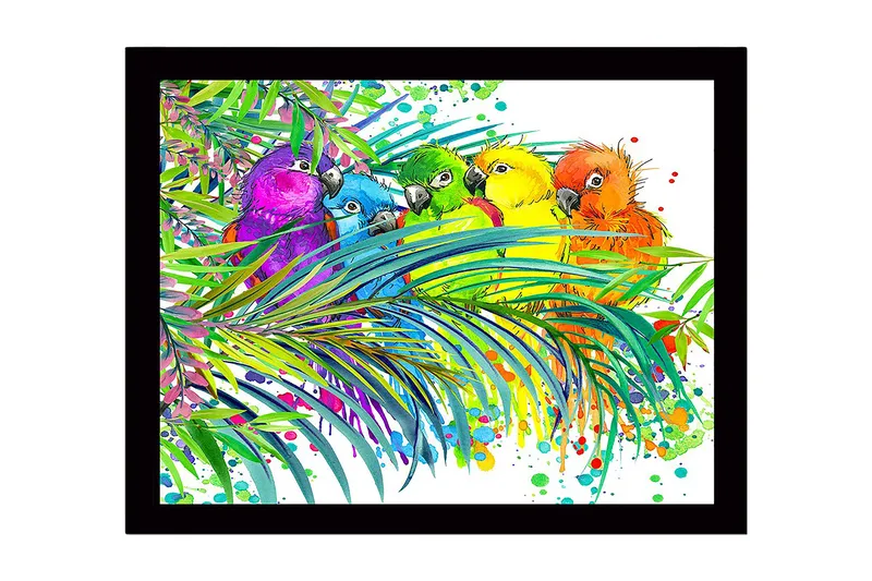 Indrammet trælærredstryk - 41x56 cm - Farverige papegøjer omgivet af tropiske planter, Grøn / Blå / Gul