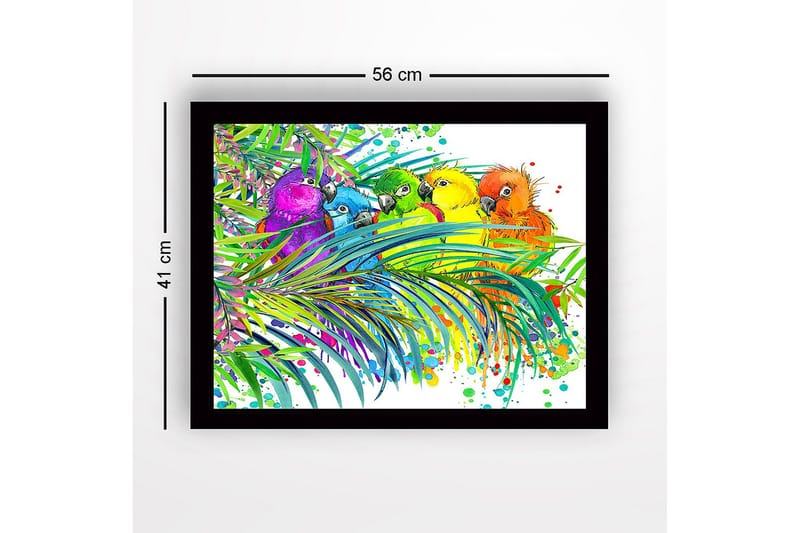 Indrammet trælærredstryk - 41x56 cm - Farverige papegøjer omgivet af tropiske planter - Grøn / Blå / Gul - Boligtilbehør - Billeder & kunst