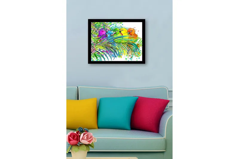 Indrammet trælærredstryk - 41x56 cm - Farverige papegøjer omgivet af tropiske planter - Grøn / Blå / Gul - Boligtilbehør - Billeder & kunst