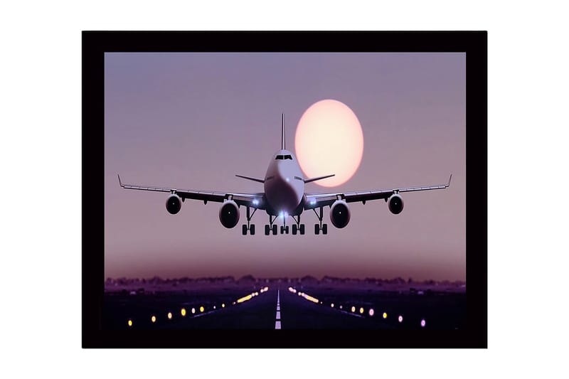 Indrammet trælærredstryk - 41x56 cm - Flylanding ved solnedgang, Lilla / Lyserød / Sort