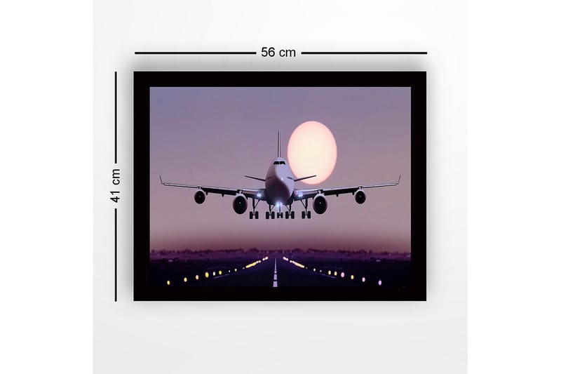 Indrammet trælærredstryk - 41x56 cm - Flylanding ved solnedgang - Lilla / Lyserød / Sort - Boligtilbehør - Billeder & kunst