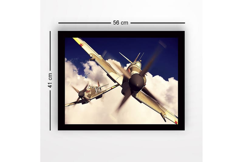 Indrammet trælærredstryk - 41x56 cm - Flyvemaskine der svæver gennem en overskyet himmel - Grå / Blå / Hvid - Boligtilbehør - Billeder & kunst