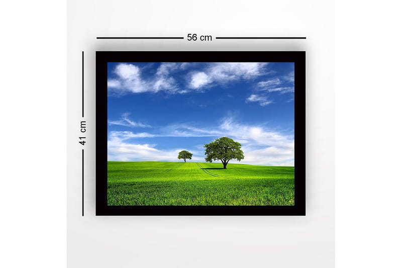Indrammet trælærredstryk - 41x56 cm - Frodigt landskab med to træer under en blå himmel - Grøn / Blå - Boligtilbehør - Billeder & kunst