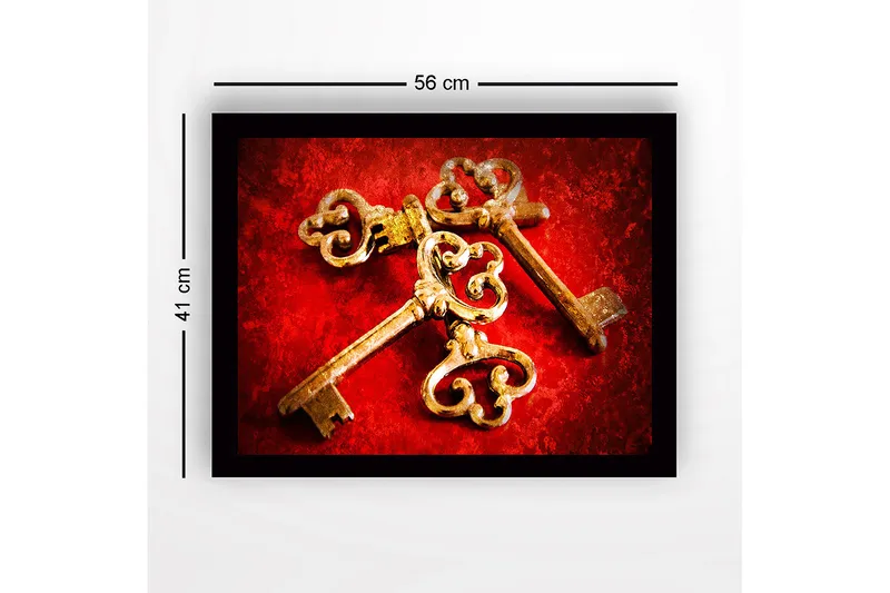 Indrammet trælærredstryk - 41x56 cm - Gamle nøgler med indviklede mønstre på en rød baggrund - Rød / Guld - Boligtilbehør - Billeder & kunst