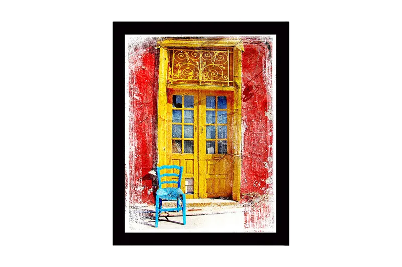Indrammet trælærredstryk - 41x56 cm - Gylden dør med en blå stol foran på en rød væg, Gul / Blå / Rød