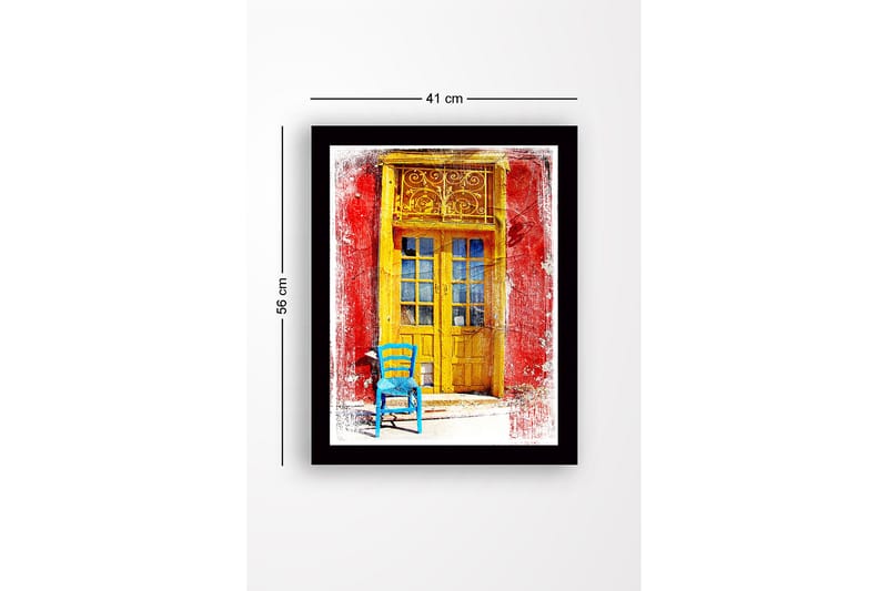 Indrammet trælærredstryk - 41x56 cm - Gylden dør med en blå stol foran på en rød væg - Gul / Blå / Rød - Boligtilbehør - Billeder & kunst