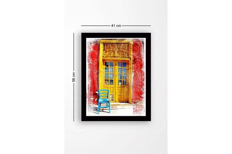 Indrammet trælærredstryk - 41x56 cm - Gylden dør med en blå stol foran på en rød væg - Gul / Blå / Rød - Boligtilbehør - Billeder & kunst