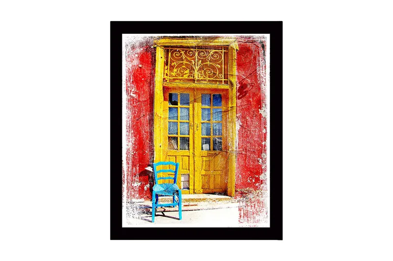 Indrammet trælærredstryk - 41x56 cm - Gylden dør med en blå stol foran på en rød væg - Gul / Blå / Rød - Boligtilbehør - Billeder & kunst