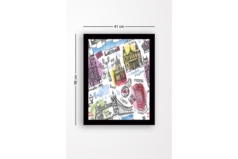 Indrammet trælærredstryk - 41x56 cm - Illustreret kort over London med berømte vartegn og symboler - Rød / Blå / Lilla - Boligtilbehør - Billeder & kunst