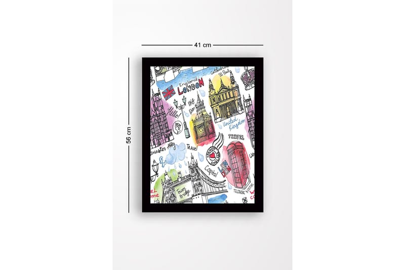 Indrammet trælærredstryk - 41x56 cm - Illustreret kort over London med berømte vartegn og symboler - Rød / Blå / Lilla - Boligtilbehør - Billeder & kunst