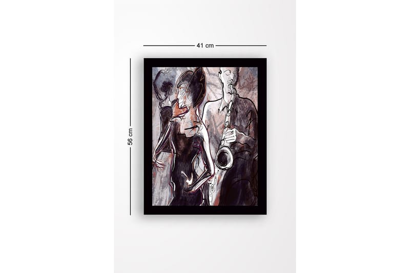 Indrammet trælærredstryk - 41x56 cm - Jazzmusiker spiller saxofon med dansende silhuetter i baggrunden - Mørkerød / Grå / Sort - Boligtilbehør - Billeder & kunst