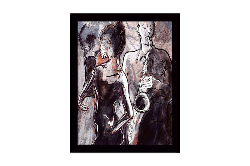 Indrammet trælærredstryk - 41x56 cm - Jazzmusiker spiller saxofon med dansende silhuetter i baggrunden, Mørkerød / Grå / Sort