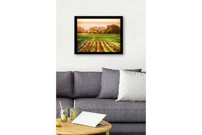 Indrammet trælærredstryk - 41x56 cm - Landligt motiv med et rødt hus omgivet af grønne marker og pløjede marker - Grøn / Orange / Rød - Boligtilbehør - Billeder & kunst
