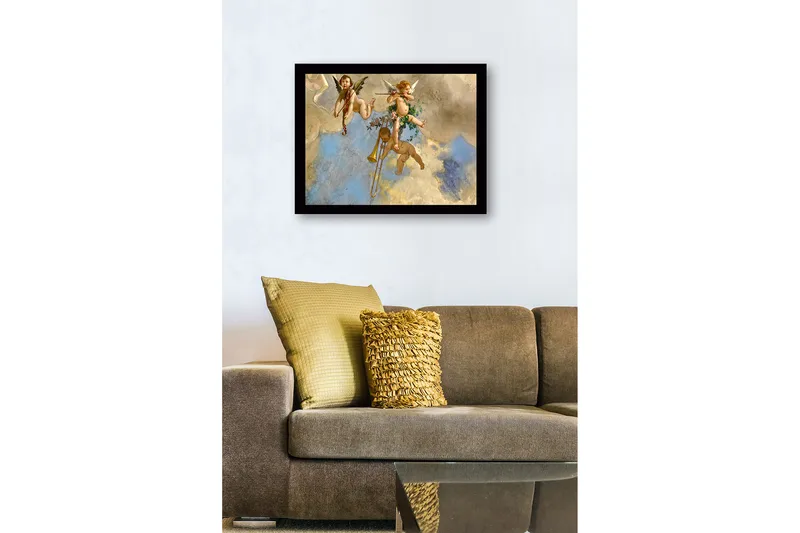 Indrammet trælærredstryk - 41x56 cm - Legesyg engle spiller musik i en overskyet himmel - Lyseblå / Beige / Guld - Boligtilbehør - Billeder & kunst