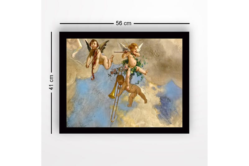 Indrammet trælærredstryk - 41x56 cm - Legesyg engle spiller musik i en overskyet himmel - Lyseblå / Beige / Guld - Boligtilbehør - Billeder & kunst