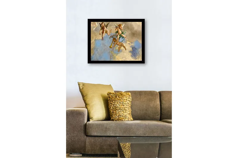 Indrammet trælærredstryk - 41x56 cm - Legesyg engle spiller musik i en overskyet himmel - Lyseblå / Beige / Guld - Boligtilbehør - Billeder & kunst