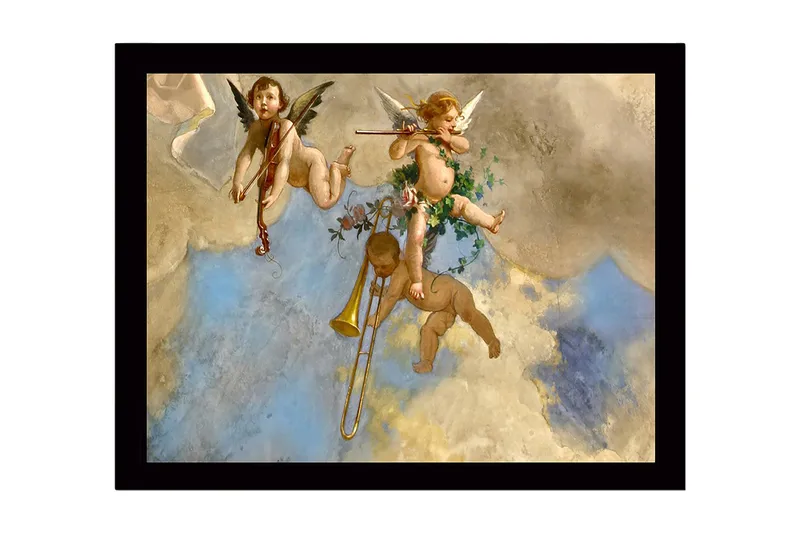 Indrammet trælærredstryk - 41x56 cm - Legesyg engle spiller musik i en overskyet himmel - Lyseblå / Beige / Guld - Boligtilbehør - Billeder & kunst