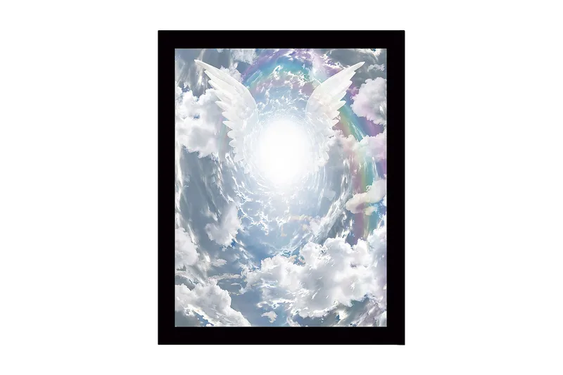 Indrammet trælærredstryk - 41x56 cm - Lyse englevinger rækker ud mod en strålende lyskilde i en dramatisk himmel, Hvid / Lyseblå / Grå