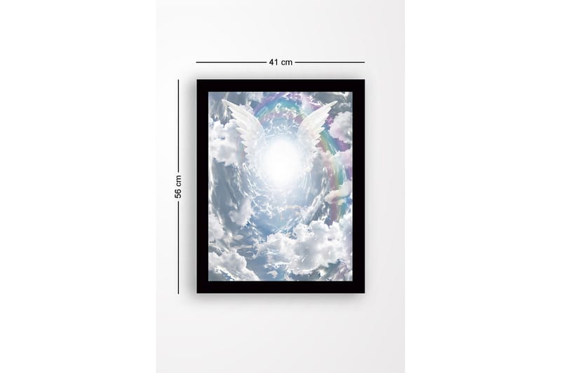 Indrammet trælærredstryk - 41x56 cm - Lyse englevinger rækker ud mod en strålende lyskilde i en dramatisk himmel - Hvid / Lyseblå / Grå - Boligtilbehør - Billeder & kunst