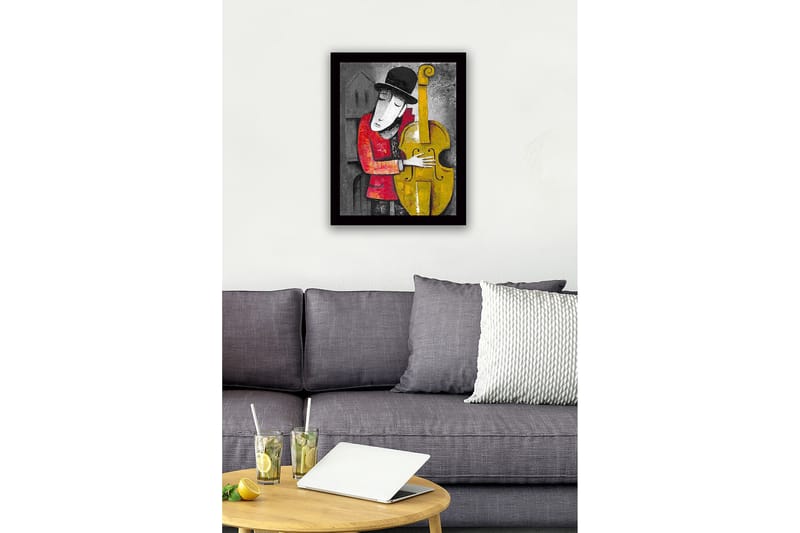 Indrammet trælærredstryk - 41x56 cm - Musiker omfavner en kontrabas - Gul / Rød / Grå - Boligtilbehør - Billeder & kunst