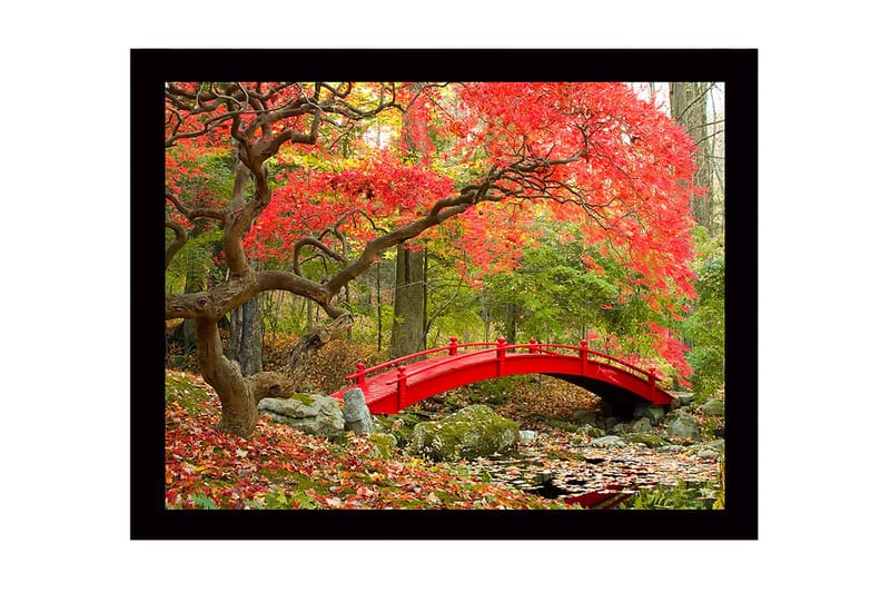 Indrammet trælærredstryk - 41x56 cm - Rød bro omgivet af efterårsfarvede træer og blade, Rød / Grøn / Brun