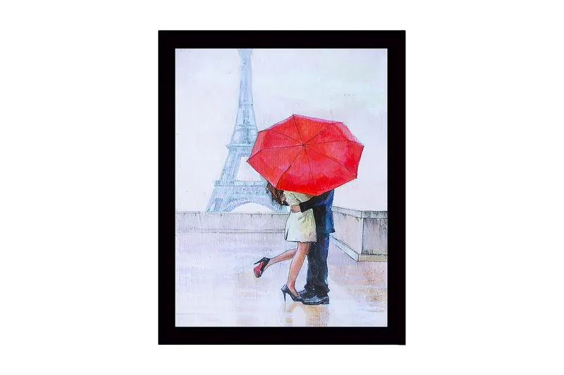 Indrammet trælærredstryk - 41x56 cm - Romantisk kys under en rød paraply i Paris, Rød / Beige / Blå