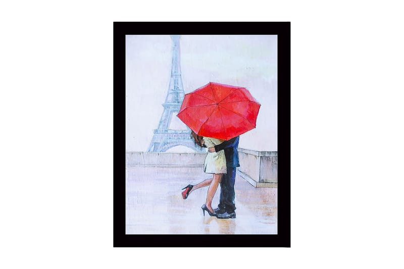 Indrammet trælærredstryk - 41x56 cm - Romantisk kys under en rød paraply i Paris, Rød / Beige / Blå