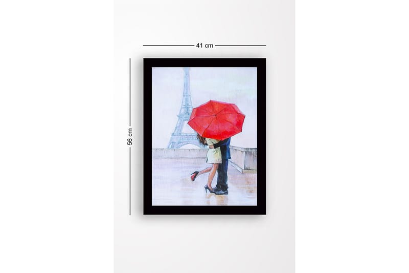 Indrammet trælærredstryk - 41x56 cm - Romantisk kys under en rød paraply i Paris - Rød / Beige / Blå - Boligtilbehør - Billeder & kunst