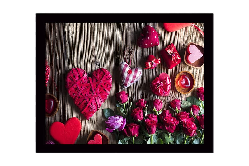 Indrammet trælærredstryk - 41x56 cm - Romantisk samling af hjerteformede dekorationer og roser, Rød / Pink / Grøn