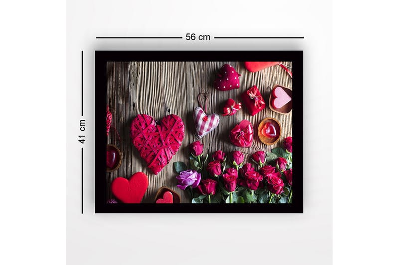 Indrammet trælærredstryk - 41x56 cm - Romantisk samling af hjerteformede dekorationer og roser - Rød / Pink / Grøn - Boligtilbehør - Billeder & kunst