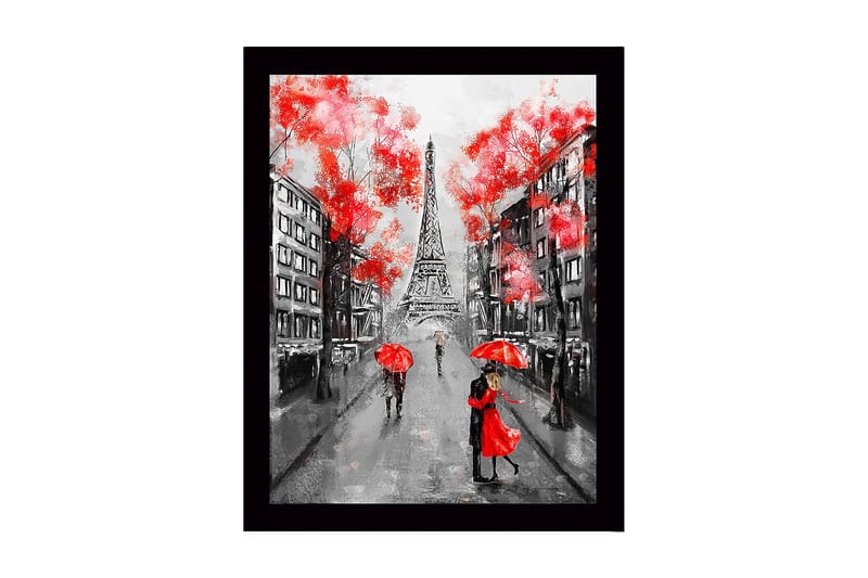 Indrammet trælærredstryk - 41x56 cm - Romantisk scene med par under røde parasoller i Paris - Rød / Sort / Grå - Boligtilbehør - Billeder & kunst