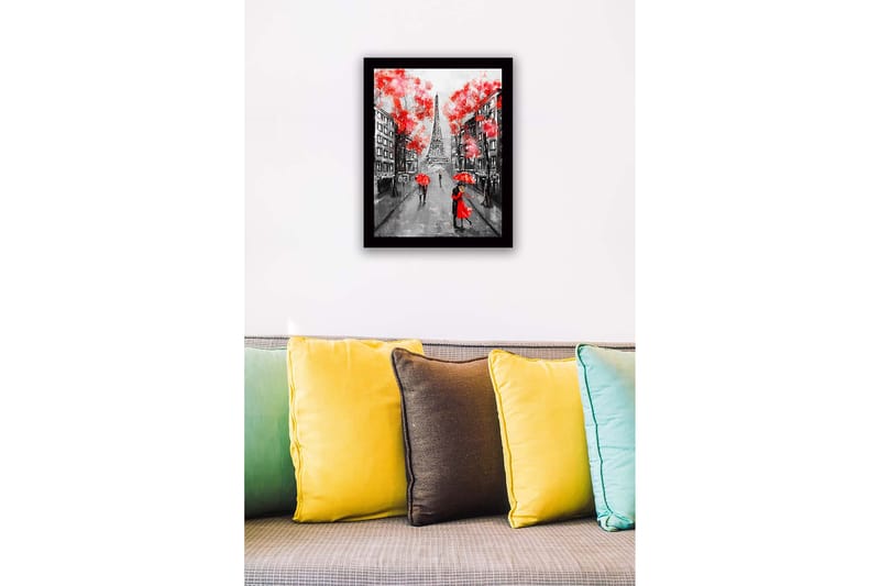Indrammet trælærredstryk - 41x56 cm - Romantisk scene med par under røde parasoller i Paris - Rød / Sort / Grå - Boligtilbehør - Billeder & kunst