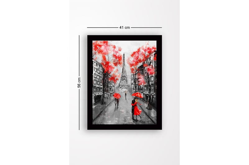 Indrammet trælærredstryk - 41x56 cm - Romantisk scene med par under røde parasoller i Paris - Rød / Sort / Grå - Boligtilbehør - Billeder & kunst