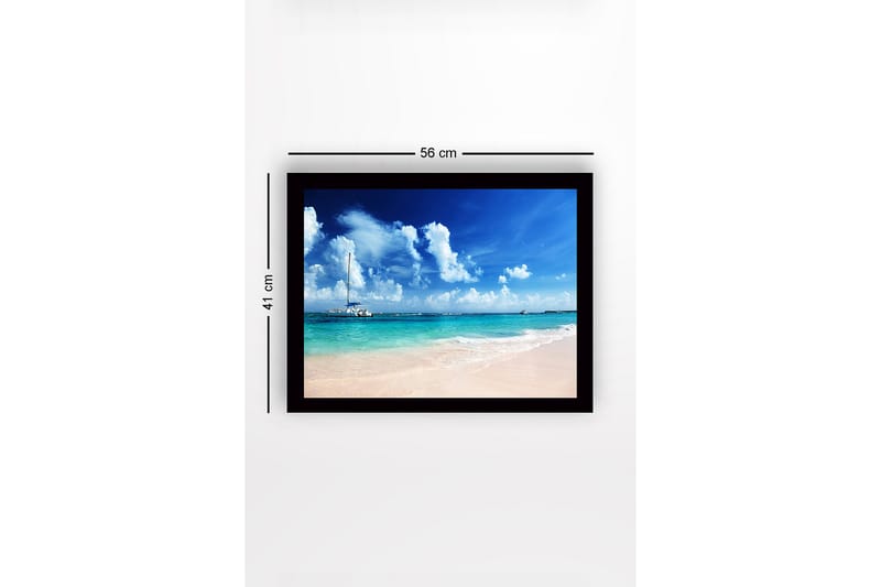 Indrammet trælærredstryk - 41x56 cm - Sejlbåd på en klar blå kyst - Blå / Turkis / Hvid - Boligtilbehør - Billeder & kunst
