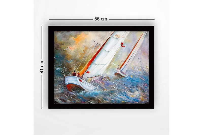 Indrammet trælærredstryk - 41x56 cm - Sejlbåde der navigerer gennem stormfulde vande - Blå / Hvid / Orange - Boligtilbehør - Billeder & kunst