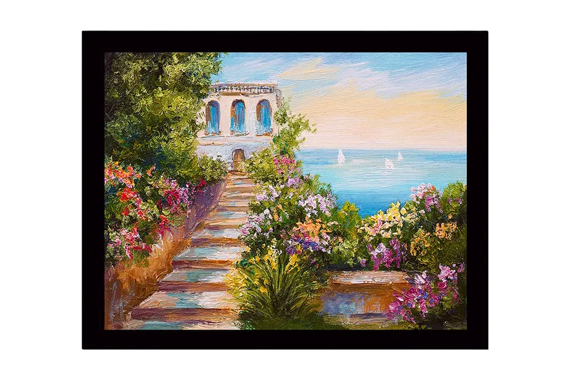 Indrammet trælærredstryk - 41x56 cm - Smuk have med en sti, der fører til havet, og en bygning i baggrunden - Grøn / Lyserød / Blå - Boligtilbehør - Billeder & kunst