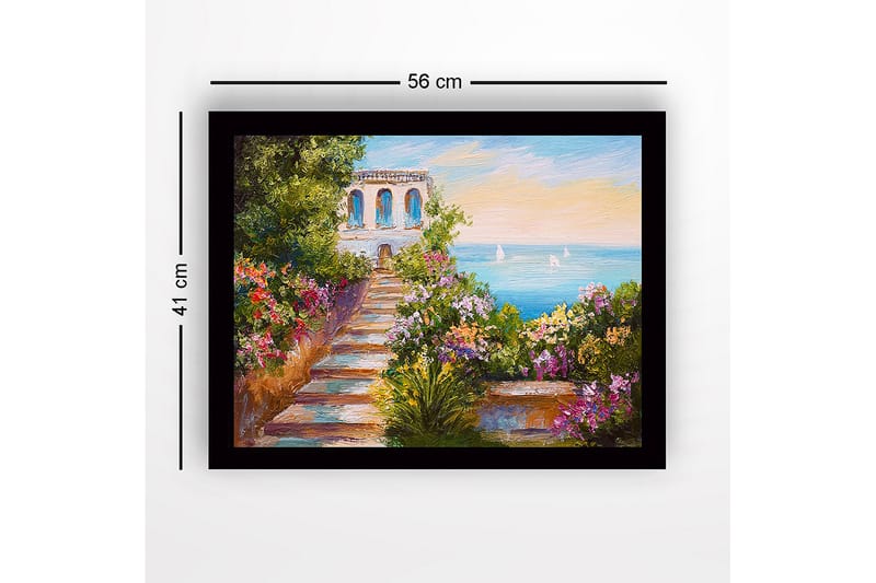 Indrammet trælærredstryk - 41x56 cm - Smuk have med en sti, der fører til havet, og en bygning i baggrunden - Grøn / Lyserød / Blå - Boligtilbehør - Billeder & kunst
