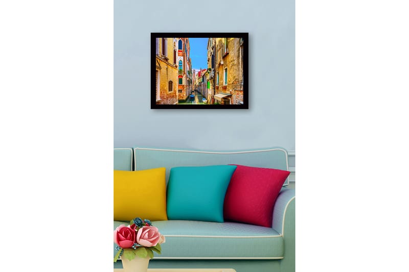 Indrammet trælærredstryk - 41x56 cm - Smuk kanal omgivet af historiske bygninger i Venedig - Guld / Turkis / Rød - Boligtilbehør - Billeder & kunst