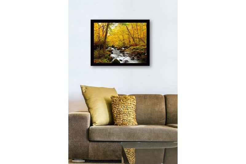 Indrammet trælærredstryk - 41x56 cm - Smuk skov med en rislende bæk omgivet af gyldne efterårsblade - Gul / Grøn / Brun - Boligtilbehør - Billeder & kunst