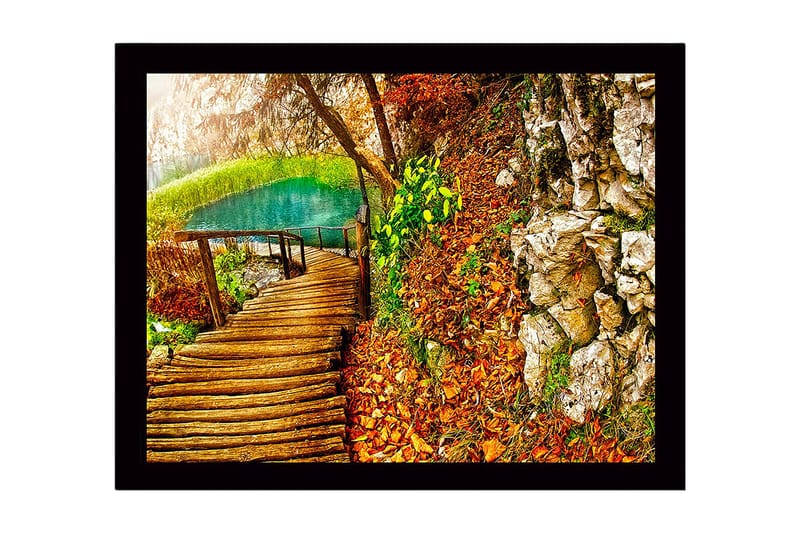 Indrammet trælærredstryk - 41x56 cm - Smuk skovsti ved en klar sø omgivet af efterårsfarver, Grøn / Orange / Brun