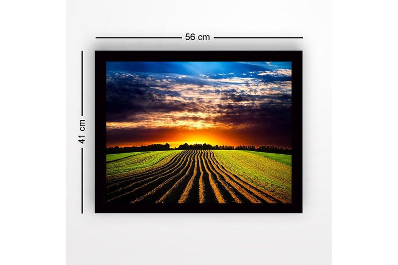 Indrammet trælærredstryk - 41x56 cm - Smuk solnedgang over en bølgende mark med pløjede rækker - Grøn / Orange / Blå - Boligtilbehør - Billeder & kunst